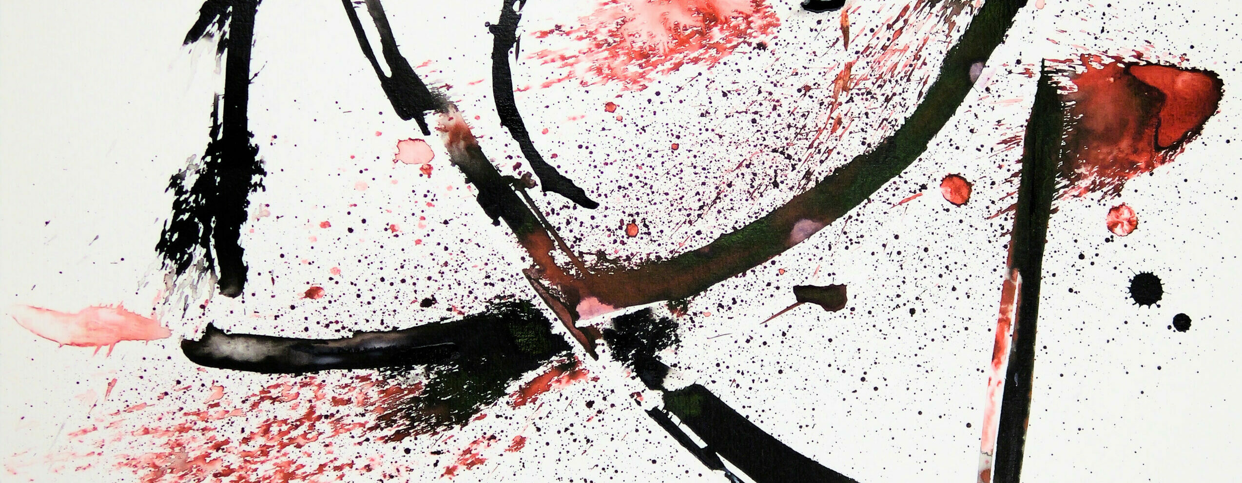Des lignes noires artistiques se croisent, avec des éclaboussures d'encre rouge.