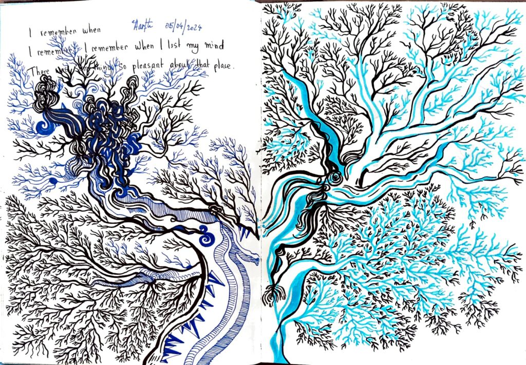 Dessin d'arbre avec des branches (en bleu), et un texte : "I remember when / I remember when I lost my mind/ There was something so pleasant about that place. 04/05/2024"